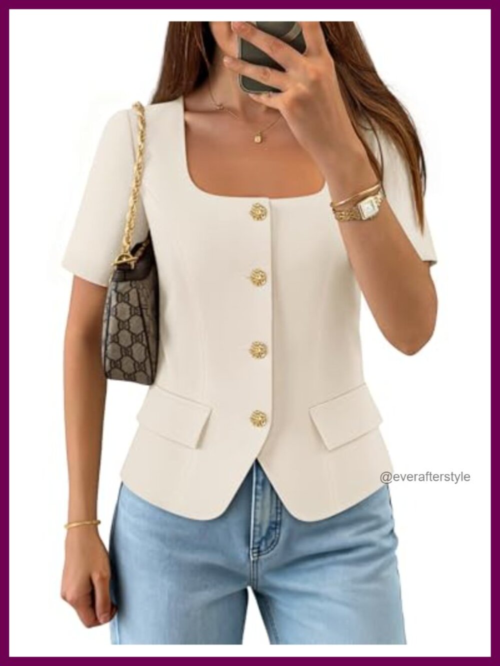Women's Short Sleeve Suit Vest Blouse Top with Square Neck and Gold Tone Buttons